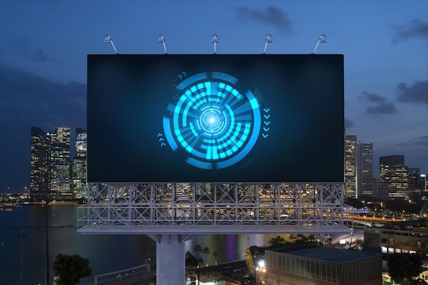 Information flow hologram on road billboard night panorama city view of Singapore The largest technological center in Southeast Asia The concept of programming science