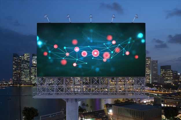 Information flow hologram on road billboard night panorama city view of Singapore The largest technological center in Southeast Asia The concept of programming science