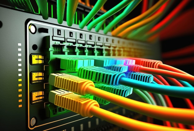 Information technology computer network optic cables on a router close up