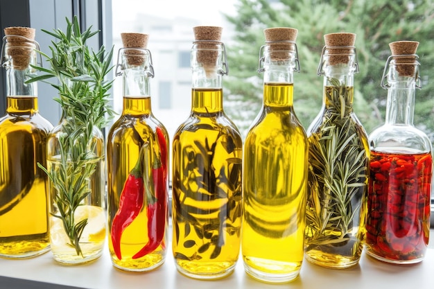 Photo infused olive oils with herbs and spices in glass bottles on a sunlit window sill