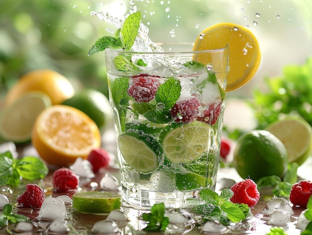 infused water concept topped with citrus fruit such as lemon lime and mint leaves