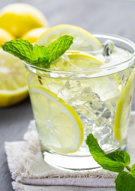 Infused water with fresh citrus fruits and ice.