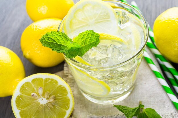 Infused water with fresh citrus fruits and ice.