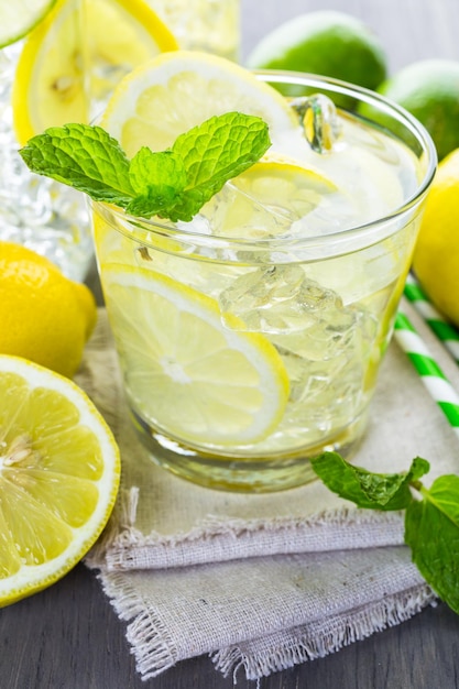 Infused water with fresh citrus fruits and ice.