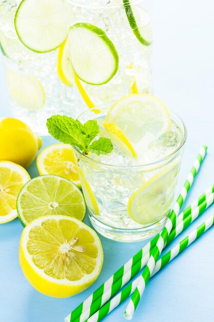 Infused water with fresh citrus fruits and ice.