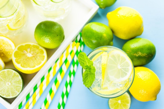 Infused water with fresh citrus fruits and ice.