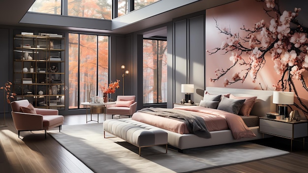 Infusing a touch of opulence this modern bedroom design incorporates luxurious materials