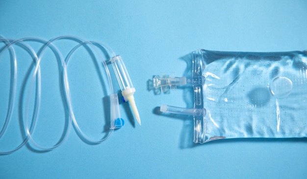 Infusion bag in the blue background IV drip chamber