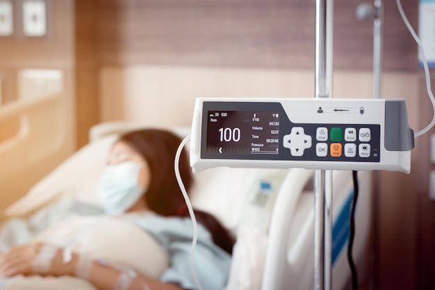 Infusion Pump and blurred background patient woman in hospitalIntravenous IV Drip