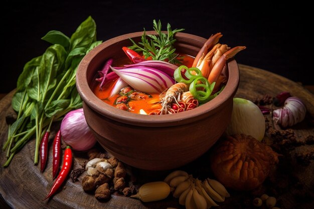 Ingredient of thai spicy soup in ceramic bowl