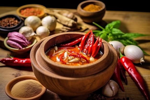 Ingredient of thai spicy soup in ceramic bowl