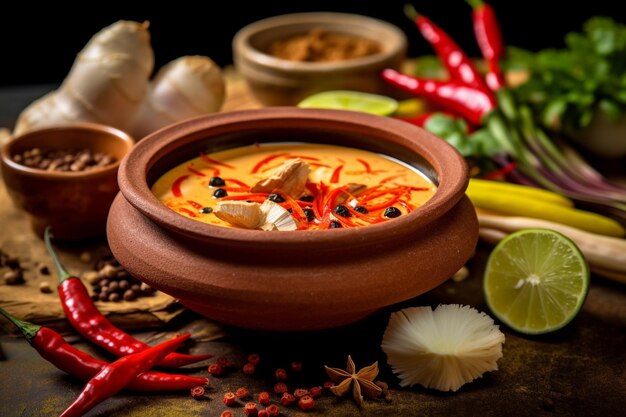 Ingredient of thai spicy soup in ceramic bowl