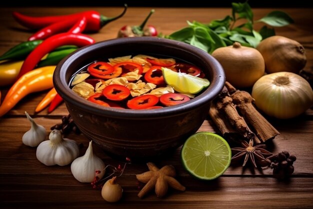 Ingredient of thai spicy soup in ceramic bowl