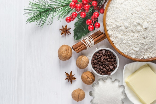 Ingredients for baking Selection for Christmas cookies or muffins with chocolate drops