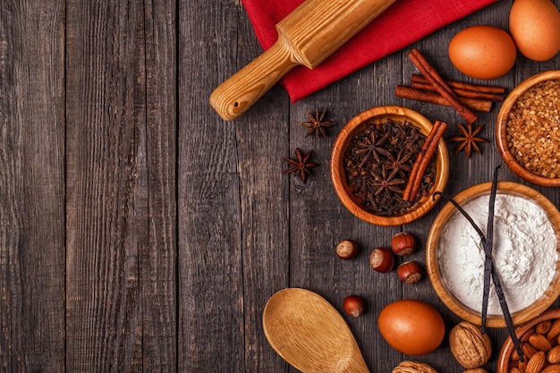 Ingredients for baking on a wooden background