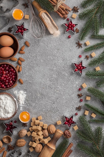 Ingredients for Christmas and New Year 2022 baking with copy space