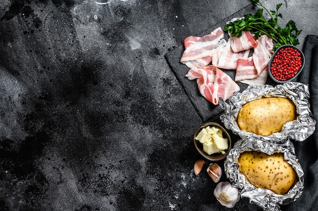 Ingredients for cooking baked potatoes with bacon