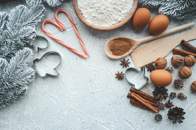 Photo ingredients for cooking christmas baking flour eggs brown sugar and spices top view with copy space