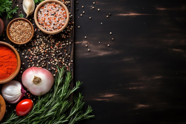 Ingredients for cooking food background top view on black background