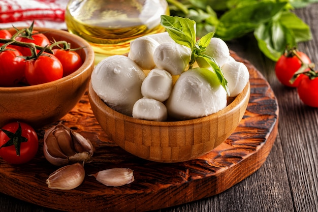 Ingredients for cooking - mozzarella cheese, tomatoes, basil, garlic, olive oil.