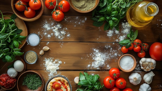 Ingredients for cooking pizza on wooden background Top view with copy space