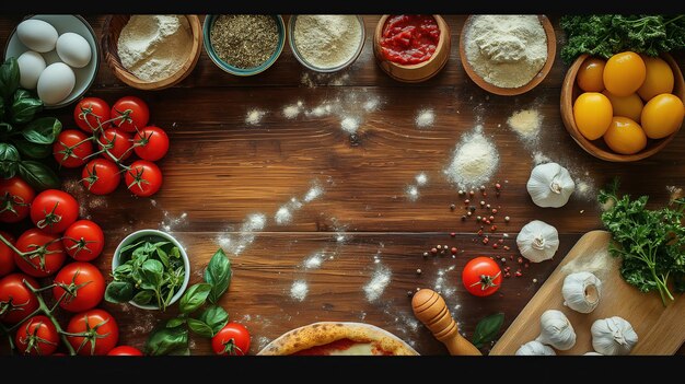 Ingredients for cooking pizza on wooden background Top view with copy space