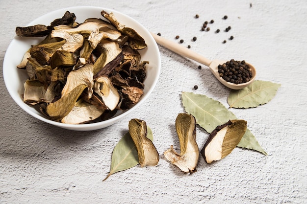 Ingredients for cooking Russian cuisine  dried porcini mushrooms and spices