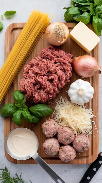 Photo ingredients for cooking spaghetti pasta with meatballs in cream sauce