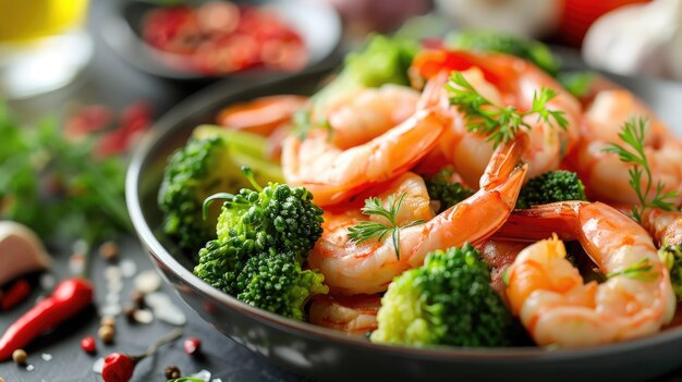 Photo ingredients for cooking stir fry shrimp with broccoli close up on a table prawns and broccoli