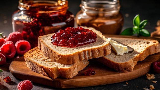 ingredients for delicious toasts with jam and butter