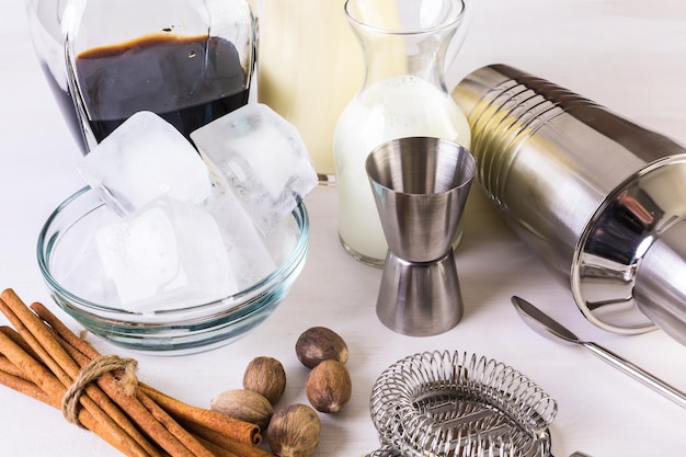 Ingredients for eggnog cocktail for holiday party.