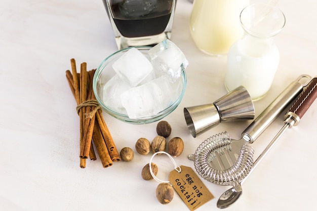 Ingredients for eggnog cocktail for holiday party.