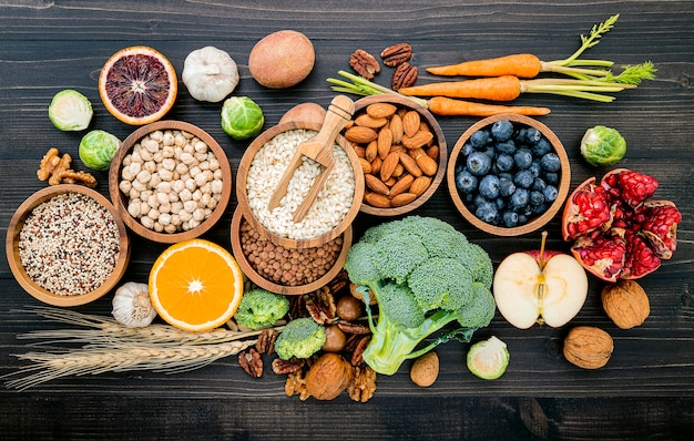 Ingredients for the healthy foods selection set up on wooden