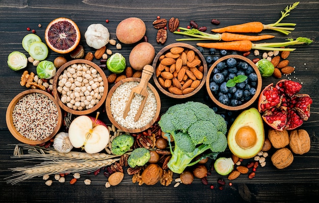 Ingredients for the healthy foods selection set up on wooden