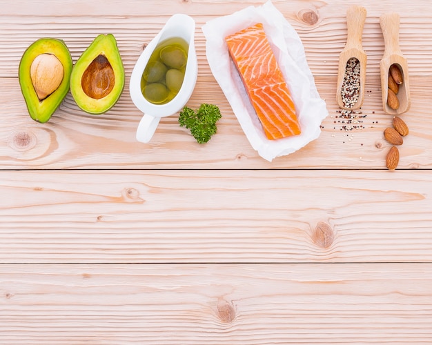 Ingredients for the healthy foods selection on wooden . 