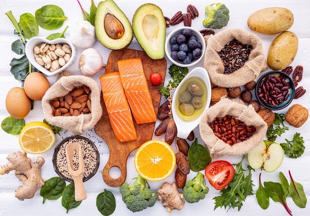 Ingredients for the healthy foods selection on wooden . 