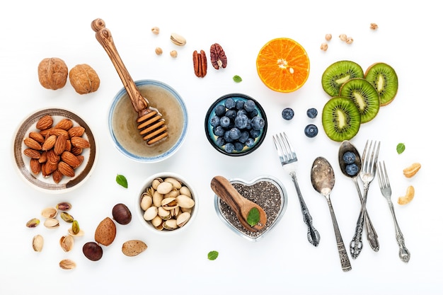 Ingredients for the healthy foods on  white background.