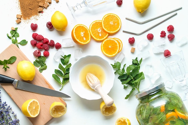 Ingredients for home made lemonade on white background