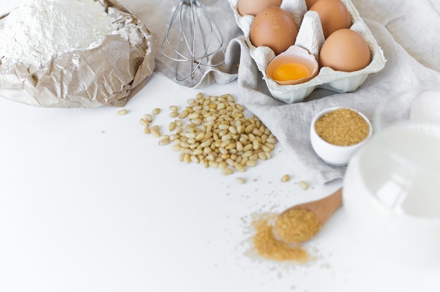 Ingredients for homemade baking. Eggs, milk, flour, sugar. 