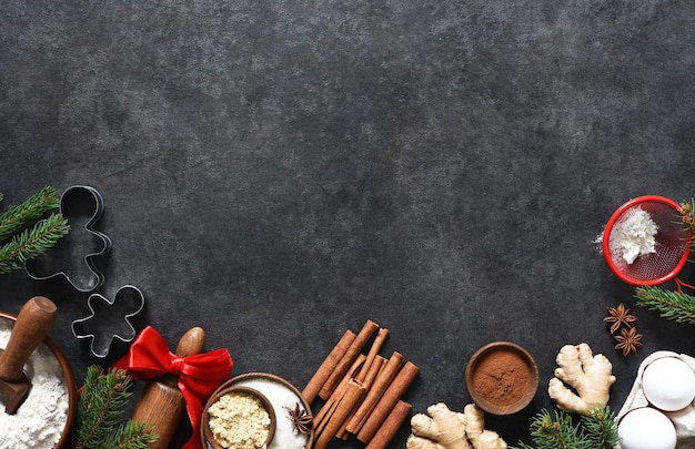 Ingredients for making gingerbread. top view