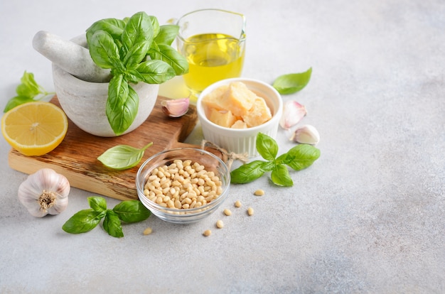 Ingredients for making green pesto sauce