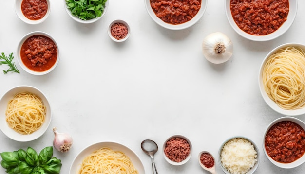 Ingredients for making spaghetti bolognese minced meat onions and tomato sauce