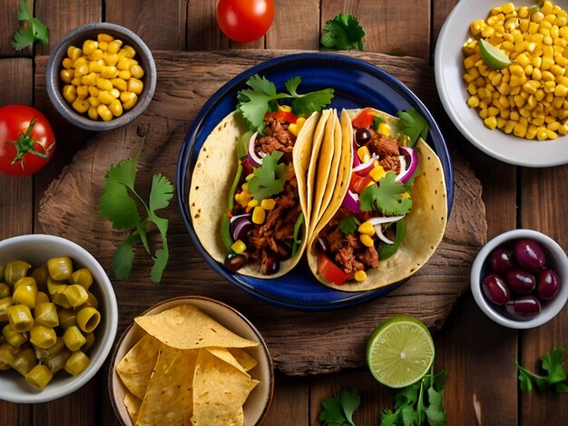 Photo ingredients for mexican tacos with meat corn and olives on wooden background top view ai generated