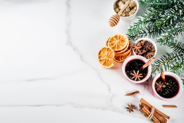 Ingredients for mulled wine cocktail with spices