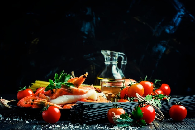 Ingredients for the preparation black pasta with seafood tomatoes and wine black background selective focus