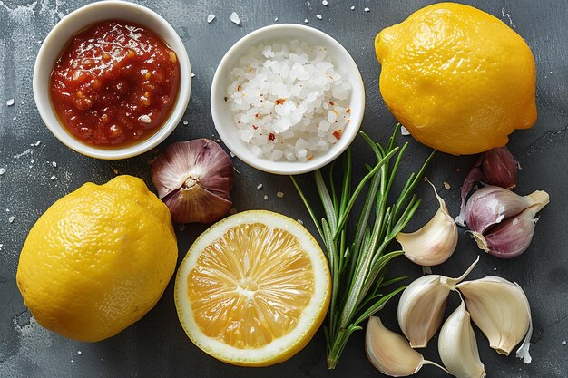 Photo ingredients for preparing sauce on a gray table