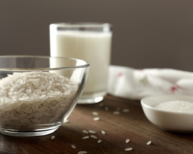 Ingredients for rice milk porridge Selective focus