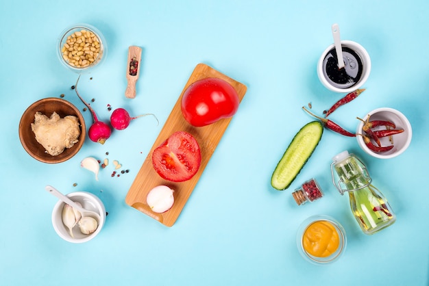 Ingredients for  salad with fresh vegetables, ginger, nuts, spices