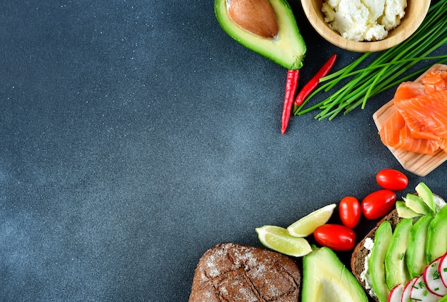 Ingredients for sandwich with avocado and salmon