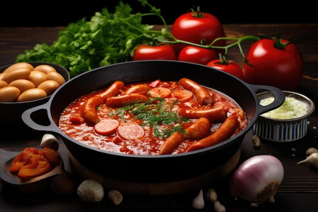 Ingredients for soup onion and sausages cooked in tomato sauce on a black pan on a wooden table